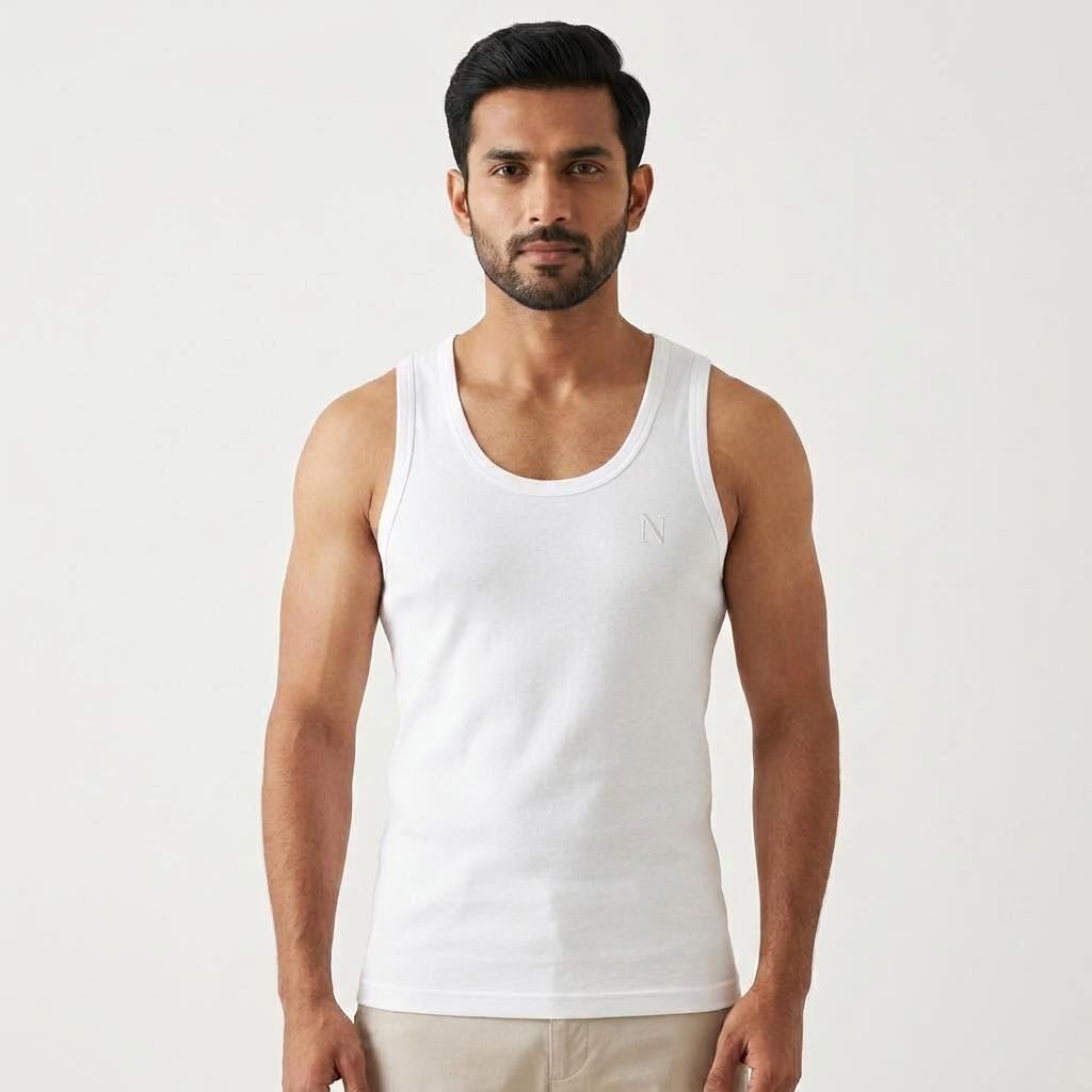 Men's Single-Piece Cotton Vest in White, model-worn view