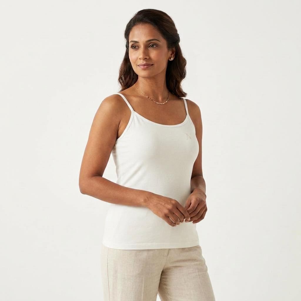 Women's Single-Piece Cotton Camisole in White, model-worn view