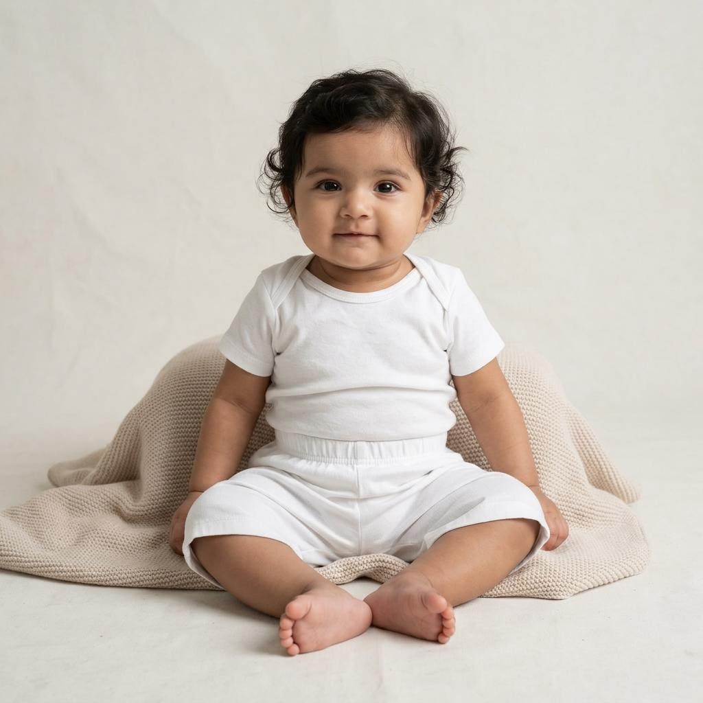 Infant under one year old wearing the Infant Solid Pure Cotton Half Pants in White