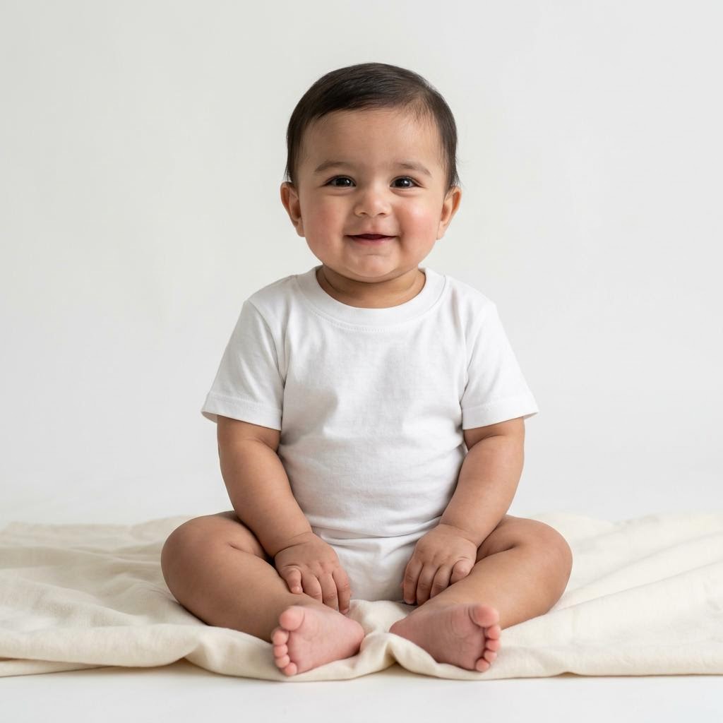 Infant under one year old wearing the Infant Solid Pure Cotton T-Shirt in White