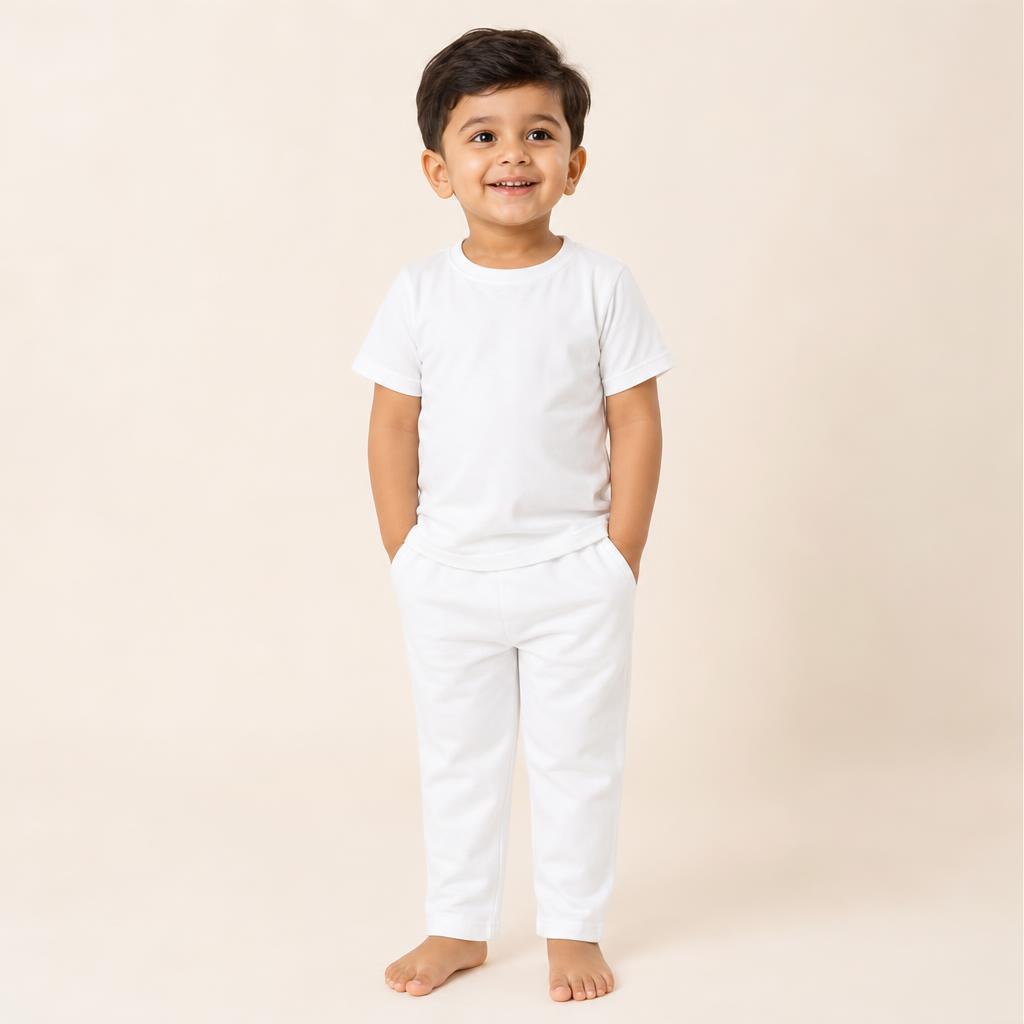 Model wearing the plain Plain 100% Cotton Tee & Pant Set in White
