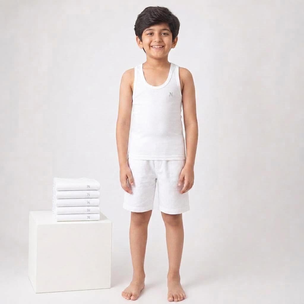 Model front view presenting the Kids' 5-Piece White Cotton Vest Combo; the solo N logo is visible
