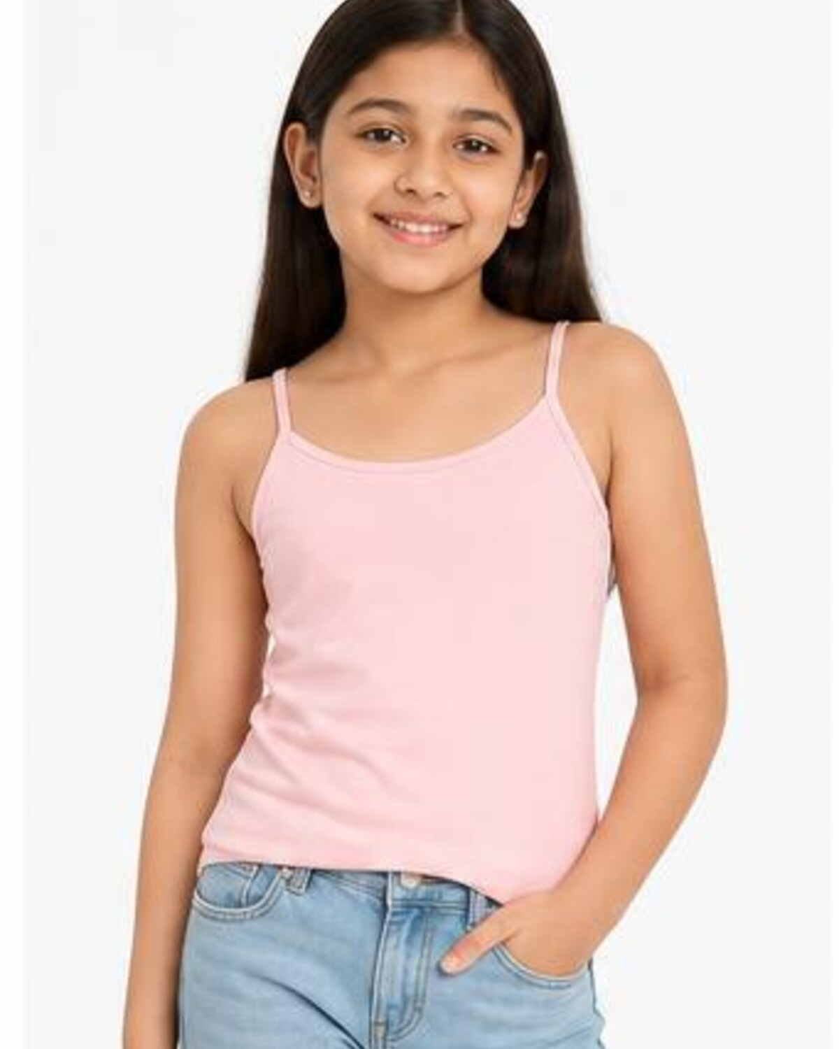 Child model wearing the Kids' Cotton Camisole in Pink, showing its everyday fit