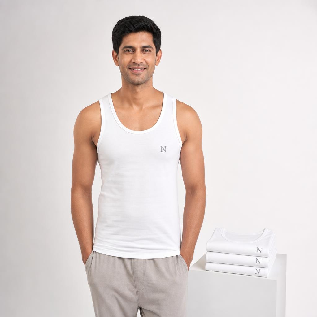 Model front view presenting the Men's 3-Piece White Cotton Vest Combo; the solo N logo is visible