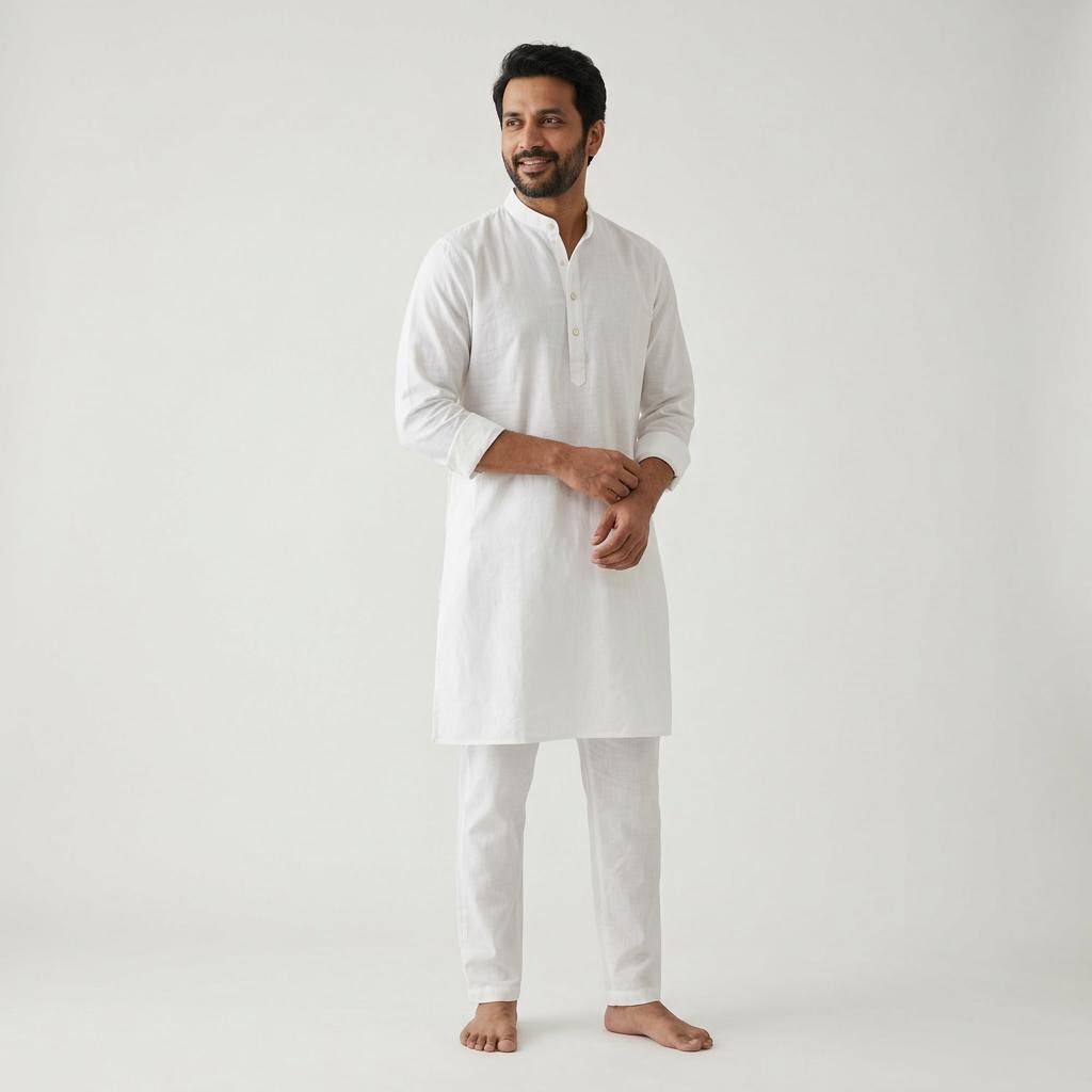Model wearing the Men's Plain Pure Cotton Kurta-Pajama Set in White