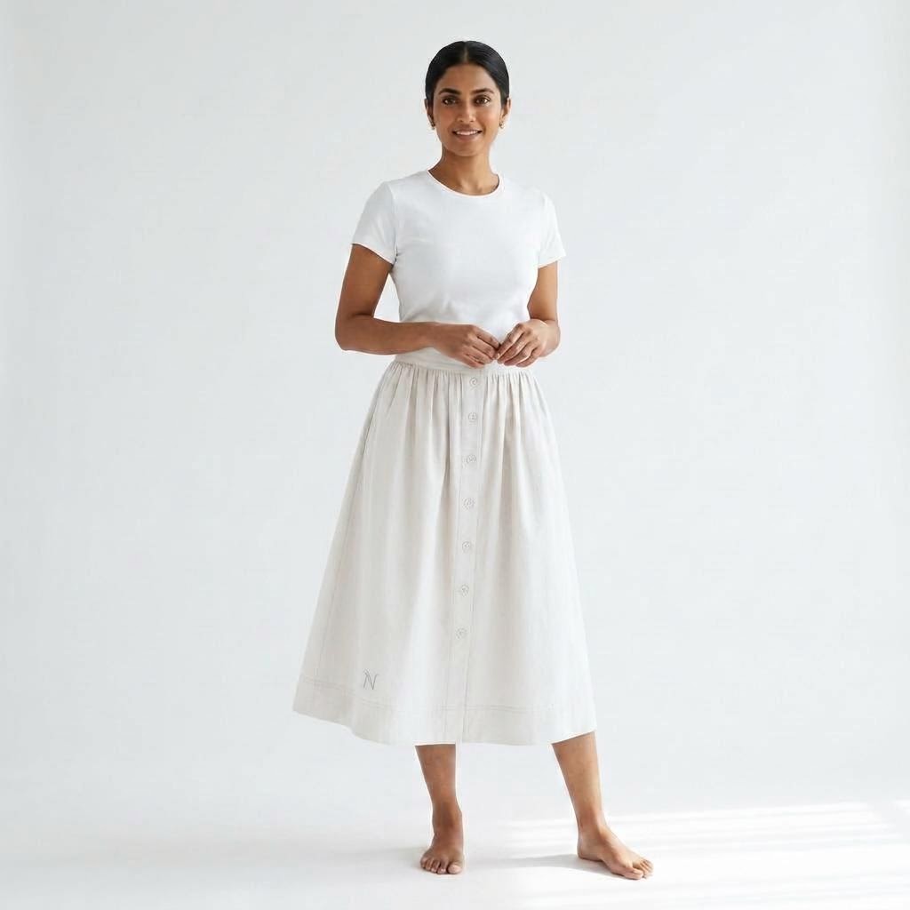 Long Cotton Skirt in White, model-worn view