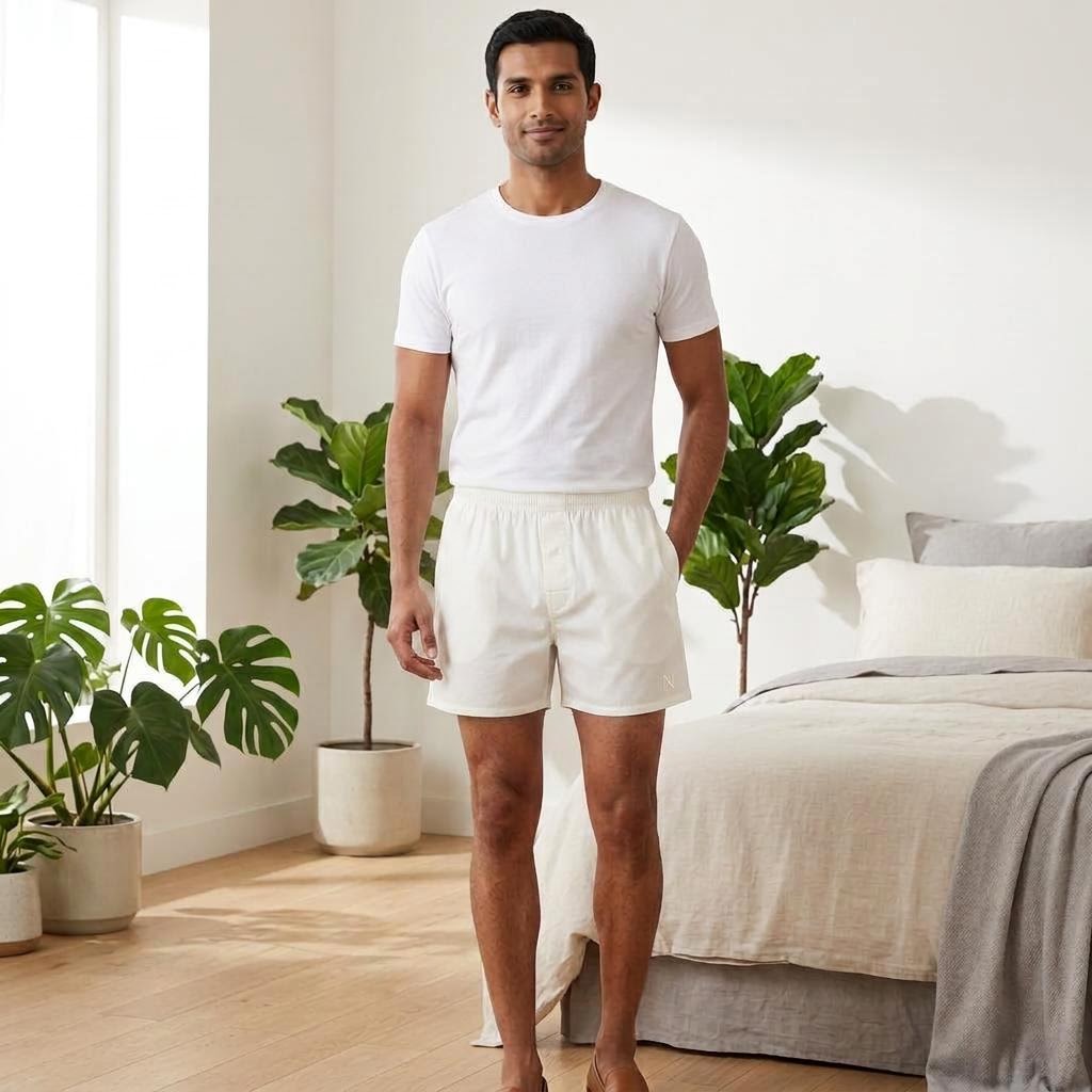 Printed Cotton Boxers in White, model-worn view