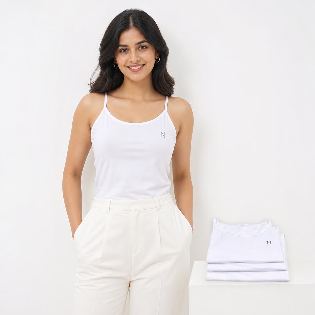 Model front view presenting the Women's 3-Piece White Cotton Camisole Combo; the solo N logo is visible