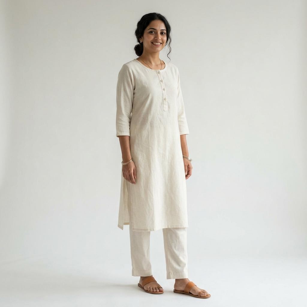 Model wearing the Women's Plain Pure Cotton Kurti Set in Ivory